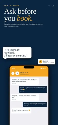 Renti-Fi app screen showing renter and owner conversation before a booking