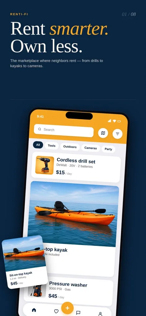 Renti-Fi app screen showing local rental listings and categories