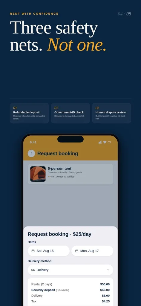Renti-Fi booking request screen showing rental details and safety information